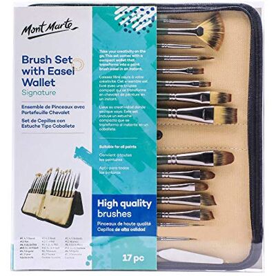 MONT MARTE Paint Brush Set with Wallet, 17 Piece, Suitable for Oil, Acrylic, Watercolour and Gouache Paint, Easel Wallet Included MONT MARTE Paint Brush Set with Wallet, 17 Piece, Suitable for Oil, Acrylic, Watercolour and Gouache Paint, Easel Wallet Included
