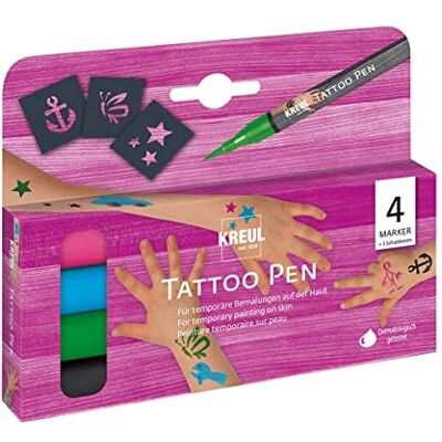 KREUL 62171 Tattoo Pen Set, 4 Pens and 3 Stencils, Water-based Cosmetic Ink Lasts up to 5 Days, Dermatologically Tested, Vegan, Paraben KREUL 62171 Tattoo Pen Set, 4 Pens and 3 Stencils, Water-based Cosmetic Ink Lasts up to 5 Days, Dermatologically Tested, Vegan, Paraben