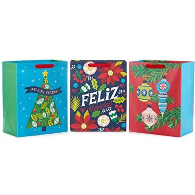 Hallmark VIDA 13" Large Christmas Large Gift Bag Bundle (3 Spanish Gift Bags: "Feliz Navidad," "Felices Festas," Tree, Flowers, Colorful Ornaments) Hallmark VIDA 13" Large Christmas Large Gift Bag Bundle (3 Spanish Gift Bags: "Feliz Navidad," "Felices Festas," Tree, Flowers, Colorful Ornaments)