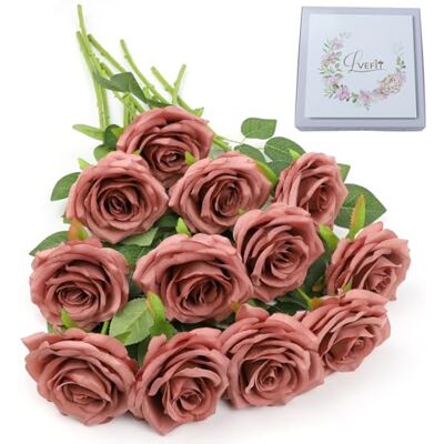 LVEFIT Artificial Rose Flower Dusty Rose Flowers Silk Flowers 12 pcs with Long Stem Silk Roses Bouquet for Wedding Bridal Shower Party Home Decoration LVEFIT Artificial Rose Flower Dusty Rose Flowers Silk Flowers 12 pcs with Long Stem Silk Roses Bouquet for Wedding Bridal Shower Party Home Decoration