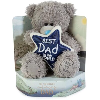 Me To You Tatty Teddy Plush 'Best Dad In The World' Bear On A Gift Plinth For Father's Day Or Birthday Official Collection, Grey Me To You Tatty Teddy Plush 'Best Dad In The World' Bear On A Gift Plinth For Father's Day Or Birthday Official Collection, Grey