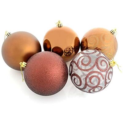 Mr Crimbo Set Of 5 Large Round Christmas Tree Baubles Shiny Mirrored Matt Glittery Swirled Patterns, Coffee 10cm Mr Crimbo Set Of 5 Large Round Christmas Tree Baubles Shiny Mirrored Matt Glittery Swirled Patterns, Coffee 10cm