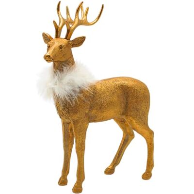 Dekohelden24 Deer Decoration, Stag Sculpture, Stag Figurine, Stag Figurine Made of Ceramic with White Feather Boa in Gold, Size L x W x H approx. 19 x 9 x 30 cm Dekohelden24 Deer Decoration, Stag Sculpture, Stag Figurine, Stag Figurine Made of Ceramic with White Feather Boa in Gold, Size L x W x H approx. 19 x 9 x 30 cm