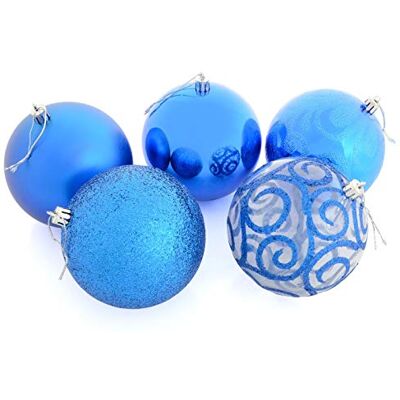 Mr Crimbo Set Of 5 Large Round Christmas Tree Baubles Shiny Mirrored Matt Glittery Swirled Patterns, Blue 10cm Mr Crimbo Set Of 5 Large Round Christmas Tree Baubles Shiny Mirrored Matt Glittery Swirled Patterns, Blue 10cm