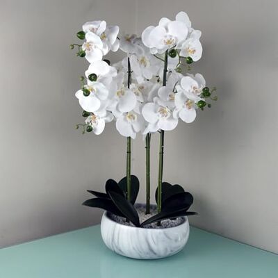 Leaf 60cm Orchid White - Marble Effect Ceramic Planter - Artificial Orchid Plant Leaf 60cm Orchid White - Marble Effect Ceramic Planter - Artificial Orchid Plant