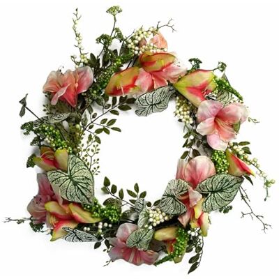 Leaf - Pink Lily Flower Wreath - 60cm - Artificial - Wreath Leaf - Pink Lily Flower Wreath - 60cm - Artificial - Wreath