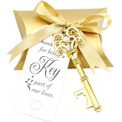 Evanto 50 Sets Vintage Key Bottle Openers, Wedding Favor Souvenir Gift for Guests with Escort Card Thank You Tag Pillow Box and Satin Ribbon (Gold) Evanto 50 Sets Vintage Key Bottle Openers, Wedding Favor Souvenir Gift for Guests with Escort Card Thank You Tag Pillow Box and Satin Ribbon (Gold)