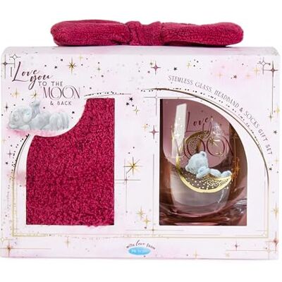 Me To You Tatty Teddy 'I Love You to the Moon and Back' Stemless Glass, Fluffy Bed Socks And Bow Headband Gift Set Official Collection Me To You Tatty Teddy 'I Love You to the Moon and Back' Stemless Glass, Fluffy Bed Socks And Bow Headband Gift Set Official Collection