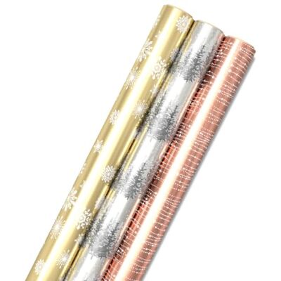Hallmark Foil Christmas Wrapping Paper with Cut Lines on Reverse (3 Rolls: 60 Sq. Ft. Ttl) Rose Gold, Silver Trees, Gold Snowflakes for Holidays, Hanukkah, Winter Solstice, Weddings, Graduations Hallmark Foil Christmas Wrapping Paper with Cut Lines on Reverse (3 Rolls: 60 Sq. Ft. Ttl) Rose Gold, Silver Trees, Gold Snowflakes for Holidays, Hanukkah, Winter Solstice, Weddings, Graduations