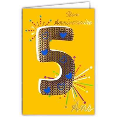 AFIE 69-2405 Age 5 Birthday Card in Shiny Gold Embossed Textured for Child Boy Girl Coloured Text Suitable for Age Inside Envelope Included Made in France ColourAges AFIE 69-2405 Age 5 Birthday Card in Shiny Gold Embossed Textured for Child Boy Girl Coloured Text Suitable for Age Inside Envelope Included Made in France ColourAges