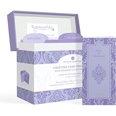 DESIGNERGREETINGS Designer greetings Greeting Card Organizer Box with Dividers and Calendar, Decorative Lavender Damask Pattern (9.5” x 7.25” x 6”, Holds Up to 75 Greeting Cards), purple large (711-00005-0000) DESIGNERGREETINGS Designer greetings Greeting Card Organizer Box with Dividers and Calendar, Decorative Lavender Damask Pattern (9.5” x 7.25” x 6”, Holds Up to 75 Greeting Cards), purple large (711-00005-0000)