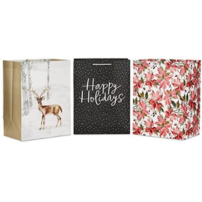 Hallmark 17" Oversized Holiday Gift Bags (3 Bags: Dark Gray and White Happy Holidays, Winter Deer, Pink Poinsettias) for Christmas, Winter Birthdays, Weddings Hallmark 17" Oversized Holiday Gift Bags (3 Bags: Dark Gray and White Happy Holidays, Winter Deer, Pink Poinsettias) for Christmas, Winter Birthdays, Weddings