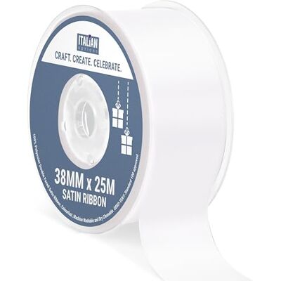Italian Options Satin Ribbon, Fabric Ribbons for Gift Wrapping, Crafting, Balloons, Wedding Car, Presents, Cake, Christmas, Birthday, Gift Wrap Accessories, 38mm Wide x 25 Metre Roll, White Italian Options Satin Ribbon, Fabric Ribbons for Gift Wrapping, Crafting, Balloons, Wedding Car, Presents, Cake, Christmas, Birthday, Gift Wrap Accessories, 38mm Wide x 25 Metre Roll, White