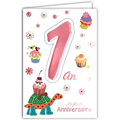 AFIE MV 69-2001 Age Flower Turtle Cake Cupcakes Happy Birthday Card 1 Year Baby Girl AFIE MV 69-2001 Age Flower Turtle Cake Cupcakes Happy Birthday Card 1 Year Baby Girl