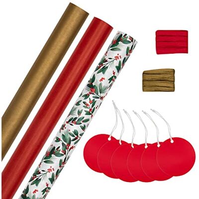 Hallmark Christmas Gifting Compendium, 3-Pack, 2M Each, Festive Designs Includes 6 Gift Tags and 2 Raffia Ribbons, Red and Gold Wrapping Colors, Recyclable Paper Material, Roll Format Hallmark Christmas Gifting Compendium, 3-Pack, 2M Each, Festive Designs Includes 6 Gift Tags and 2 Raffia Ribbons, Red and Gold Wrapping Colors, Recyclable Paper Material, Roll Format