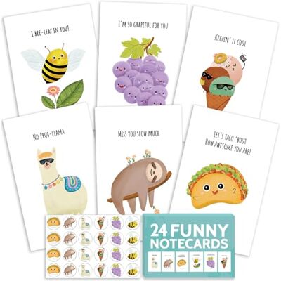 T MARIE 24 Funny Note Cards Set,Punny Puns Thinking of You Notecards Pack for Friends, Kids, Students,Say Hello, Thank You or I Miss You with Hilarious Animals and Food Cartoon Greeting Cards and Envelopes T MARIE 24 Funny Note Cards Set,Punny Puns Thinking of You Notecards Pack for Friends, Kids, Students,Say Hello, Thank You or I Miss You with Hilarious Animals and Food Cartoon Greeting Cards and Envelopes
