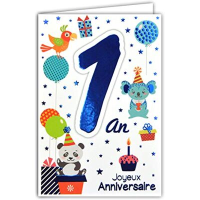AFIE 69-2100 Happy Birthday Card 1 Year Blue Shiny Baby Boy Girl AFIE 69-2100 Happy Birthday Card 1 Year Blue Shiny Baby Boy Girl