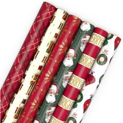 Hallmark Christmas Wrapping Paper Rolls with Cutlines on Reverse (6 Rolls: 150 Sq. Ft. Total) Santa Claus, Nutcrackers, Plaid, Snowflakes, Ornaments Hallmark Christmas Wrapping Paper Rolls with Cutlines on Reverse (6 Rolls: 150 Sq. Ft. Total) Santa Claus, Nutcrackers, Plaid, Snowflakes, Ornaments