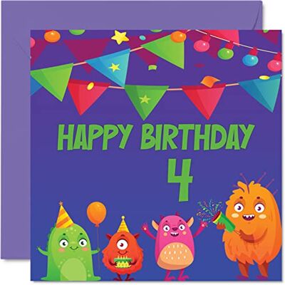 Stuff4 4th Birthday Card Boy Girl, Monster Birthday Card Stuff4 4th Birthday Card Boy Girl, Monster Birthday Card