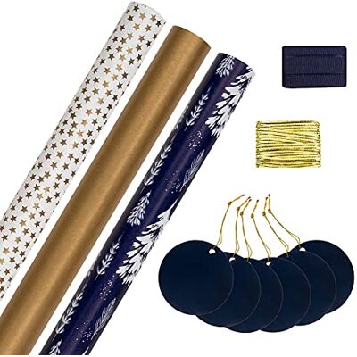 Hallmark Christmas Wrapping Paper, 3-Pack, Gold, Blue, White, 2M Each 6 Gift Tags, 2 Raffia Ribbons, Compendium Set, 70x200cm, Cutting Grid, Tag 9x4.5cm Hallmark Christmas Wrapping Paper, 3-Pack, Gold, Blue, White, 2M Each 6 Gift Tags, 2 Raffia Ribbons, Compendium Set, 70x200cm, Cutting Grid, Tag 9x4.5cm