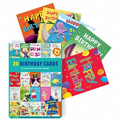 Piccadilly Greetings Assorted Kids Birthday Cards Multi-pack Pack of 20 5x7 inches 20 unique colorful designs with white envelopes, suitable for boys and girls Piccadilly Greetings Assorted Kids Birthday Cards Multi-pack Pack of 20 5x7 inches 20 unique colorful designs with white envelopes, suitable for boys and girls