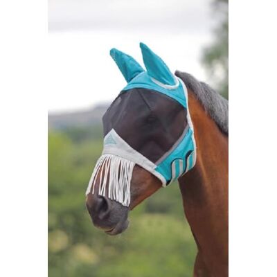 Shires Fine Mesh Fly Mask with Nose Fringe Teal Extra Full Shires Fine Mesh Fly Mask with Nose Fringe Teal Extra Full