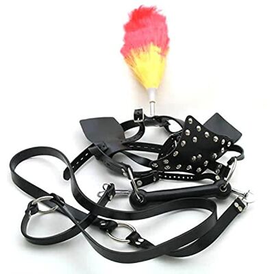 Bondage Masters Bit Gag with Reins & Blinkers and Head Feathers, Horse Armet Bondage Masters Bit Gag with Reins & Blinkers and Head Feathers, Horse Armet