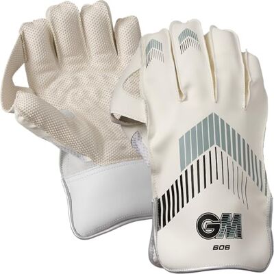 Gunn & Moore GM 606 Cricket Wicket Keeper Keeping Gloves PU Faux Leather Back of Hand Pimple Rubber Palm Facing Adult 1 Pair White with Grey & Black Chevron Gunn & Moore GM 606 Cricket Wicket Keeper Keeping Gloves PU Faux Leather Back of Hand Pimple Rubber Palm Facing Adult 1 Pair White with Grey & Black Chevron