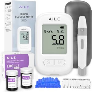 AILE Blood Glucose Test Kit for Diabetes: 100 Glucometer Strips, 100 Lancets, 1 Meter for Home Use Portable Blood Sugar Monitor Testing Kits Diabetics Meter UK Glucometer (W33) AILE Blood Glucose Test Kit for Diabetes: 100 Glucometer Strips, 100 Lancets, 1 Meter for Home Use Portable Blood Sugar Monitor Testing Kits Diabetics Meter UK Glucometer (W33)