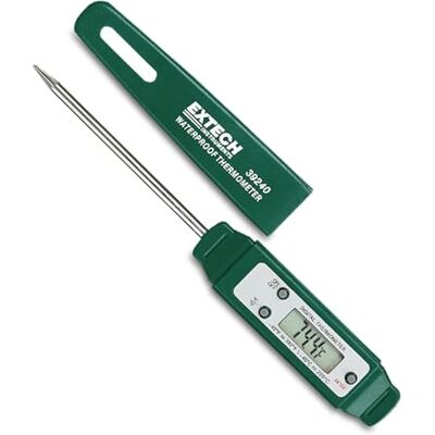 Extech 39240 Waterproof Stem Thermometer, -40 to 392F, Min/Max 2.75in stainless stem, 0.1deg resolution, data hold, auto power off, LR44 battery, cover Extech 39240 Waterproof Stem Thermometer, -40 to 392F, Min/Max 2.75in stainless stem, 0.1deg resolution, data hold, auto power off, LR44 battery, cover