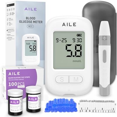 AILE Blood Glucose Test Kit for Diabetes: 100 Glucometer Strips, 100 Lancets, 1 Meter for Home Use Portable Blood Sugar Monitor Testing Kits Diabetics Meter UK Glucometer (W33) AILE Blood Glucose Test Kit for Diabetes: 100 Glucometer Strips, 100 Lancets, 1 Meter for Home Use Portable Blood Sugar Monitor Testing Kits Diabetics Meter UK Glucometer (W33)