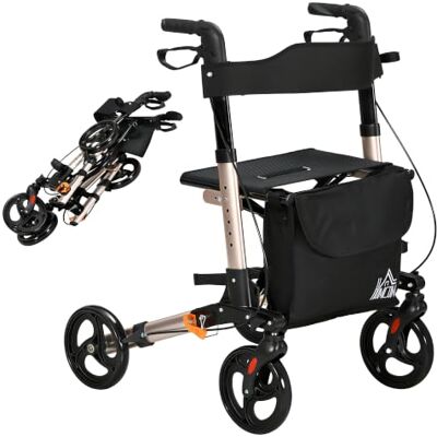 HOMCOM Rollator Walker with Seat Compact Quick Folding 8" Wheels Gold Tone Compact Mobility Walker, Carry Bag, Adjustable Height, Cane Holder, Lightweight Aluminium Frame, for Disabled, Seniors HOMCOM Rollator Walker with Seat Compact Quick Folding 8" Wheels Gold Tone Compact Mobility Walker, Carry Bag, Adjustable Height, Cane Holder, Lightweight Aluminium Frame, for Disabled, Seniors