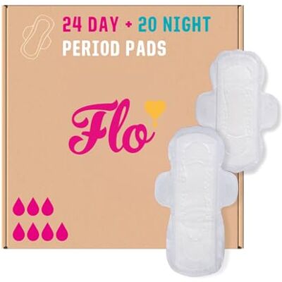 FLO Bamboo Period Pads with Wings Combo Pack – Super Absorbent, Soft, Breathable 24 Day Pads + 20 Night Pads 44 Pads Bulk Pack FLO Bamboo Period Pads with Wings Combo Pack – Super Absorbent, Soft, Breathable 24 Day Pads + 20 Night Pads 44 Pads Bulk Pack