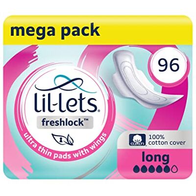 Lil-Lets Freshlock™ Ultra Thin Period Pads 96 Count, Long Absorbency, with Wing, 8 Packs of 14 Pads Bulk Pack, Unscented, 100% Cotton Cover, Super Absorbency Sanitary Towels Lil-Lets Freshlock™ Ultra Thin Period Pads 96 Count, Long Absorbency, with Wing, 8 Packs of 14 Pads Bulk Pack, Unscented, 100% Cotton Cover, Super Absorbency Sanitary Towels