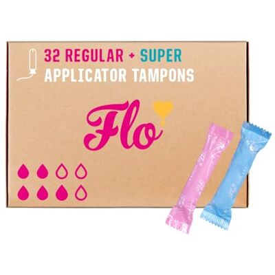 FLO Organic Cotton Applicator Tampons Combo Pack – Absorbent, Soft, Smooth Applicator 14 Regular & 18 Super Tampons 32 Tampons FLO Organic Cotton Applicator Tampons Combo Pack – Absorbent, Soft, Smooth Applicator 14 Regular & 18 Super Tampons 32 Tampons