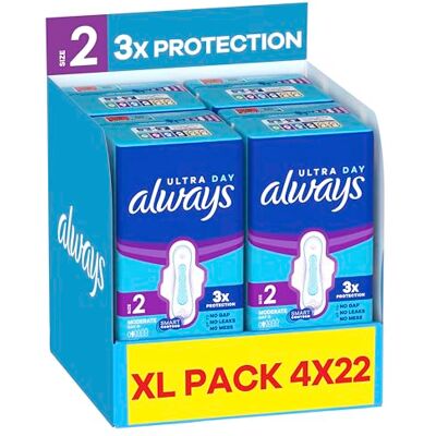 Always Ultra Sanitary Towels, Size 2 Long, Extra Large Pack, 88 Count, Super Absorbent, Ultra Thin Pads with Wings for Moderate Flow Always Ultra Sanitary Towels, Size 2 Long, Extra Large Pack, 88 Count, Super Absorbent, Ultra Thin Pads with Wings for Moderate Flow