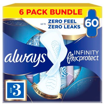 Always Infinity Flex Protect Night Size 3 Sanitary Towels with Wings 10 Pads X Pack of 6 Always Infinity Flex Protect Night Size 3 Sanitary Towels with Wings 10 Pads X Pack of 6