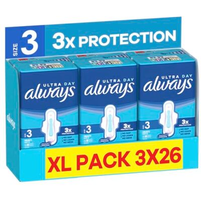 Always Ultra Sanitary Towels, Size 3 Day Long Plus, Extra Large Pack, 78 Count, Super Absorbent, Ultra Thin Pads with Wings for Heavy Flow Always Ultra Sanitary Towels, Size 3 Day Long Plus, Extra Large Pack, 78 Count, Super Absorbent, Ultra Thin Pads with Wings for Heavy Flow