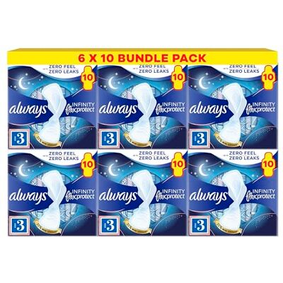 Always Infinity Flex Protect Night Size 3 Sanitary Towels with Wings 10 Pads X Pack of 6 Always Infinity Flex Protect Night Size 3 Sanitary Towels with Wings 10 Pads X Pack of 6