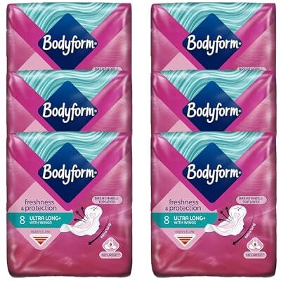 Bodyform 8 Pieces Ultra Long Sanitary Towels with Wings Heavy Flow, Breathable Top Layer, Leak-Proof, Overnight Period Pads, Freshness and Protection for Women (Pack of 6) Bodyform 8 Pieces Ultra Long Sanitary Towels with Wings Heavy Flow, Breathable Top Layer, Leak-Proof, Overnight Period Pads, Freshness and Protection for Women (Pack of 6)
