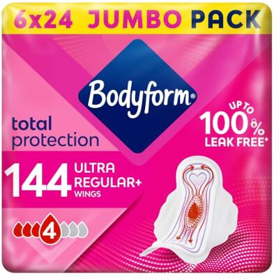 Bodyform Ultra Normal Sanitary Towels with Wings, 144 (24 x 6 Packs) Period Pads, SecureFit Leakage Protection, Ultra-Breathable Top Layer Bodyform Ultra Normal Sanitary Towels with Wings, 144 (24 x 6 Packs) Period Pads, SecureFit Leakage Protection, Ultra-Breathable Top Layer