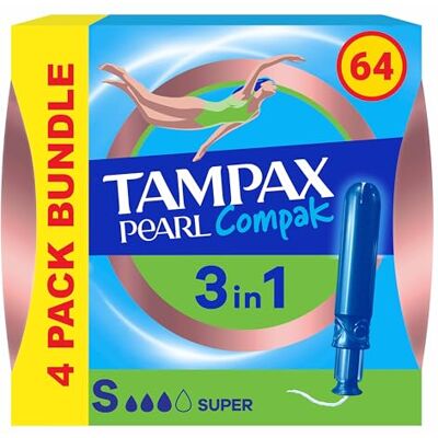 TAMPAX Compak Pearl Tampons - Super - 64 Tampons (16x4) - With Applicator TAMPAX Compak Pearl Tampons - Super - 64 Tampons (16x4) - With Applicator