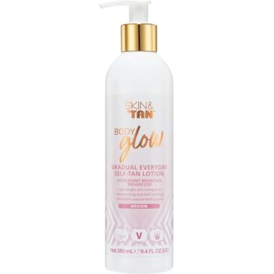 Skinny Tan Skin & Tan Body Glow Lotion Medium Gradual Tanner for Natural Looking Sunless Tan, Streak-Free, Easy Application, Coconut Scented, Hydrating, Body Moisturiser 280ml Skinny Tan Skin & Tan Body Glow Lotion Medium Gradual Tanner for Natural Looking Sunless Tan, Streak-Free, Easy Application, Coconut Scented, Hydrating, Body Moisturiser 280ml