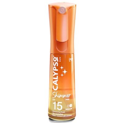 Calypso Shimmer Mist SPF15, Shimmering Finish, Protective Water Resistant Sun Spray, Non-sticky, Transparent Sunscreen, 100ml Calypso Shimmer Mist SPF15, Shimmering Finish, Protective Water Resistant Sun Spray, Non-sticky, Transparent Sunscreen, 100ml