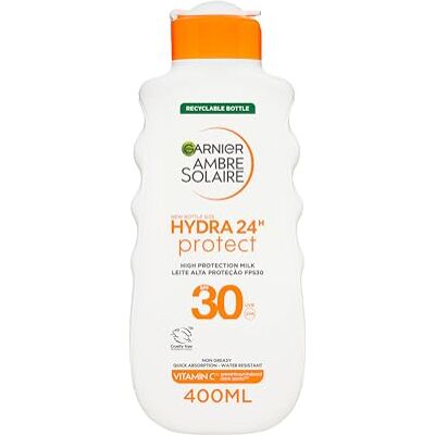 Garnier Ambre Solaire Hydra 24H Protect Lotion SPF30 400ml, Up To 24H Hydration With Vitamin E, Non Greasy Fast Absorption, Water Resistant, Cruelty-Free International Approved Garnier Ambre Solaire Hydra 24H Protect Lotion SPF30 400ml, Up To 24H Hydration With Vitamin E, Non Greasy Fast Absorption, Water Resistant, Cruelty-Free International Approved