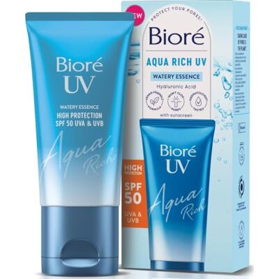 Bioré Biore Aqua Rich UV Watery Essence SPF50 Sunscreen, 50ml Invisible High Protection, Hydrates With Hyaluronic Acid, No White Cast, Non Greasy Sun Cream, Japanese Sunscreen Bioré Biore Aqua Rich UV Watery Essence SPF50 Sunscreen, 50ml Invisible High Protection, Hydrates With Hyaluronic Acid, No White Cast, Non Greasy Sun Cream, Japanese Sunscreen