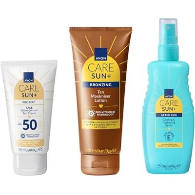 Avon Care SPF 50 Sun Essentials Trio, High Protection, Water Resistant and Fast Absorbtion Includes Sun Shine Control SPF50 Face Cream, Tan Maximiser Lotion & After Sun Cooling Spray Avon Care SPF 50 Sun Essentials Trio, High Protection, Water Resistant and Fast Absorbtion Includes Sun Shine Control SPF50 Face Cream, Tan Maximiser Lotion & After Sun Cooling Spray