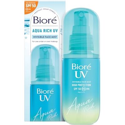 Bioré Biore SPF 50, Aqua Rich UV Invisible Face Mist, On-The-Go High Protection, Use Under And Over Makeup, No White Cast, No Grease, Japanese Sunscreen, 60ml Bioré Biore SPF 50, Aqua Rich UV Invisible Face Mist, On-The-Go High Protection, Use Under And Over Makeup, No White Cast, No Grease, Japanese Sunscreen, 60ml