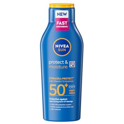 Protect & Moisture Sun Cream Lotion SPF 50 (400 ml), Sun Lotion with Vitamin C and Hyaluron, Provides 48H Moisture and Immediate UVA & UVB Protection, Water-Resistant, Leaves No White Cast Protect & Moisture Sun Cream Lotion SPF 50 (400 ml), Sun Lotion with Vitamin C and Hyaluron, Provides 48H Moisture and Immediate UVA & UVB Protection, Water-Resistant, Leaves No White Cast