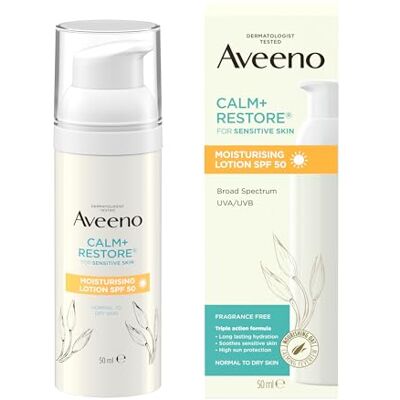 Aveeno Face CALM+RESTORE Moisturising Lotion SPF 50, 50ml Soothes Sensitive Skin with Deep Hydration and High Sun Protection for Daily Use Aveeno Face CALM+RESTORE Moisturising Lotion SPF 50, 50ml Soothes Sensitive Skin with Deep Hydration and High Sun Protection for Daily Use